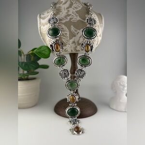 Vintage-Style Statement Necklace — Green & Amber Gem Accents